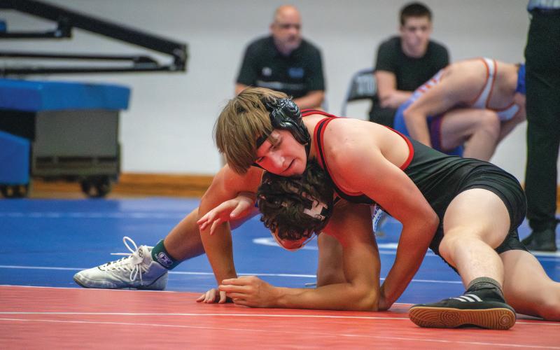Wade Cheek/The Clayton Tribune. Jackson Word, a 144-pound wrestler, went 1-5 during this year’s King of the Mountain wrestling tournament at Towns County High School.