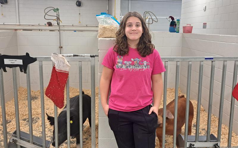 Megan Horn/The Clayton Tribune. Rabun County FFA member Charlotte Leff is pictured with “Piper” and “Boston” at the Rabun County Schools Agricenter for “Santa on the Farm” Dec. 5.