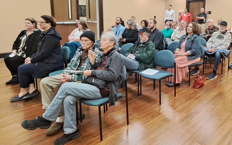 Megan Horn/The Clayton Tribune. Seated with members of the Rabun County Schools staff, several residents attended the Jan. 27 public hearing about HB 581. The public hearing followed the regular board of education meeting.