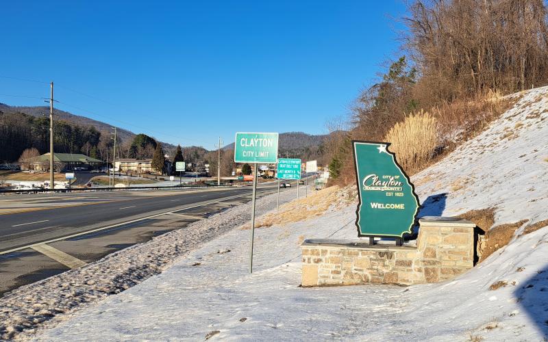 Megan Horn/The Clayton Trubune. Snow from Winter Storm Cora on a new Welcome sign for the city of Clayton erected by the The Clayton Downtown Development Authority (DDA).