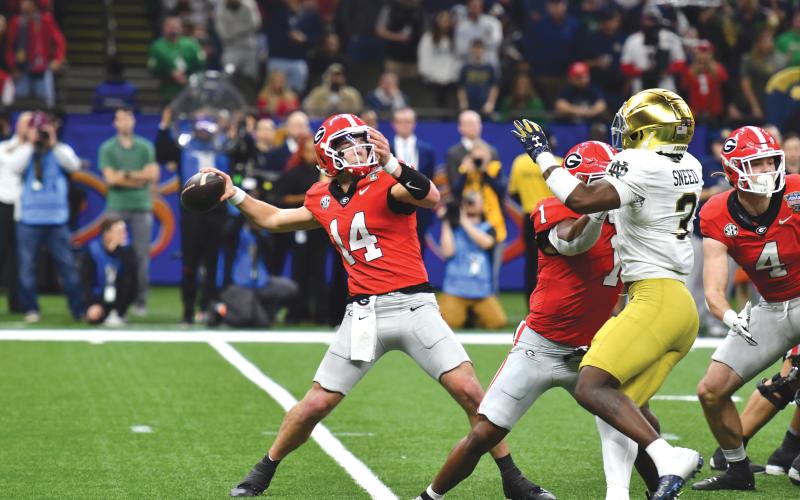 Wade Cheek/The Clayton Tribune. Former Rabun County football standout Gunner Stockton completed 20 passes for 234 yards and a touchdown in Georgia’s 23-10 loss to Notre Dame in the Allstate Sugar Bowl on Thursday, Jan. 2.