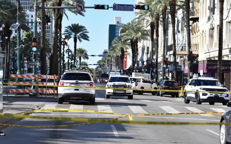 Wade Cheek/The Clayton Tribune. New Orleans Police Department along with other agencies are involved in an ongoing investigation regarding the Terrorist Attack that killed 14 people and injured dozens more on Bourbon Street on the morning of Wednesday, Jan. 2.