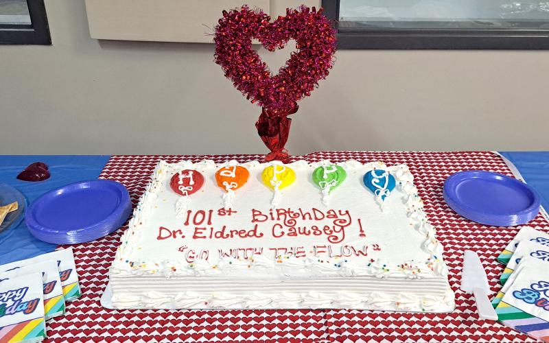 Megan Horn/The Clayton Tribune. Tuesday’s February meeting of the Vet-to-Vet Café honored Causey on his 101st birthday with many surprises, including this cake.