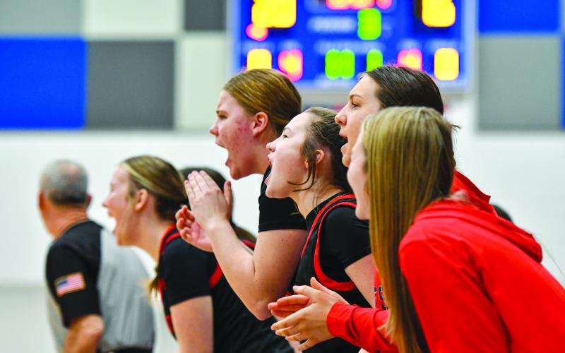 Wade Cheek/The Clayton Tribune. The Rabun County girls bench gets fired-up after a Lady Cat basket during Rabun’s first-round playoff win against Armuchee High School.