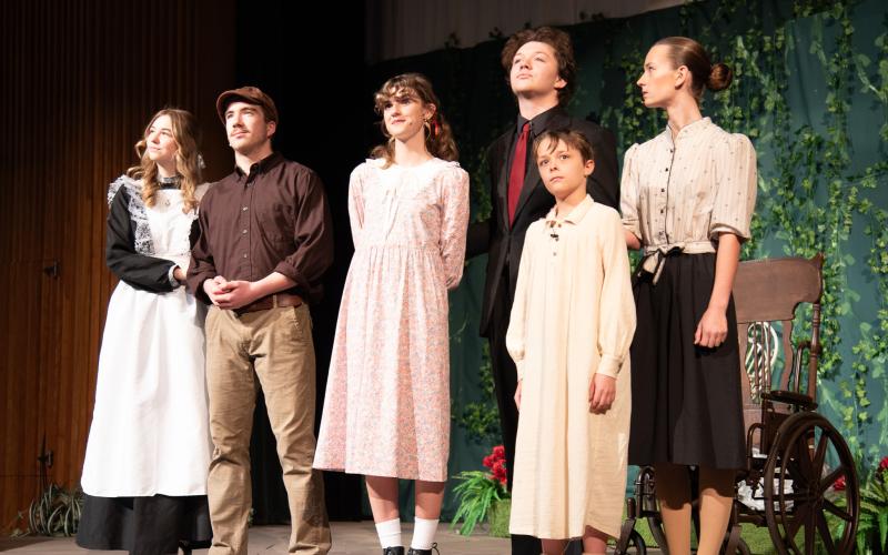 Photos courtesy Tallulah Falls School. Lizzy Wanner, Charlie Harris, Olivia Bonner, Jamie Griffith, Turner Lander, and Katie Anderson stand together in solidarity at the close of “The Secret Garden.”