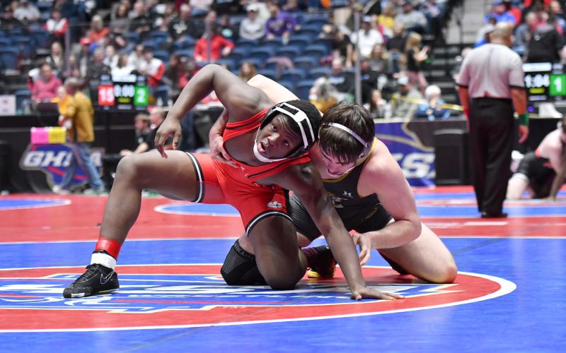 Wade Cheek/The Clayton Tribune. Junior Jakaden Shiflet battles a tough South Georgia foe in last week’s Class A-DI state tournament. Shiflet qualified for the state tournament in Macon for the first time in his high school career.