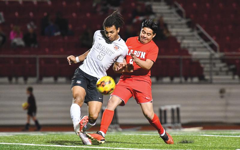 Wade Cheek/The Clayton Tribune. The Rabun County boys soccer team defeated non-region foe Hart County 3-1 the Wildcats’ home bout with the Bulldogs on Wednesday Feb. 26. The Wildcats applied great pressure on defense in the second half to clinch the victory.