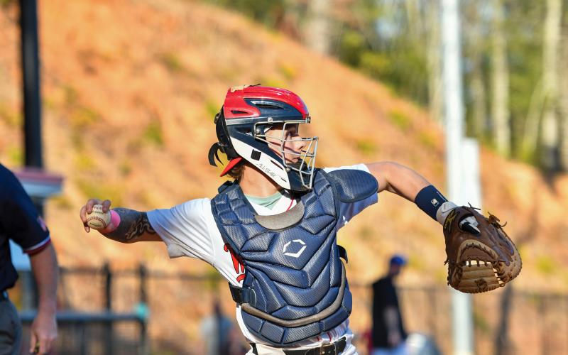Wade Cheek/The Clayton Tribune.  Junior catcher Noah English throws down to second base in Rabun County’s 3-2 loss to Banks County on Tuesday, March 11.