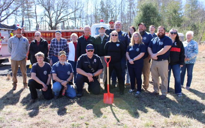 Photo courtesy Vickie Carpenter/The Franklin Press. Otto (N.C.) Volunteer Fire and Rescue members, past and present, celebrate the start of construction of a new firehouse at 8249 Georgia Road, on Monday, Feb. 24. The firehouse is slated for completion in 2026.