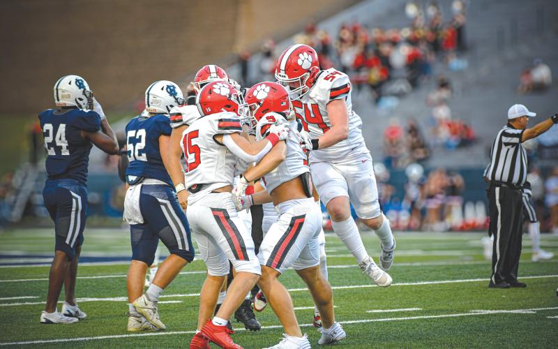 Wade Cheek/The Clayton Tribune. The Rabun County defense celebrates a turnover during its Week 1 win over White County in 2024.
