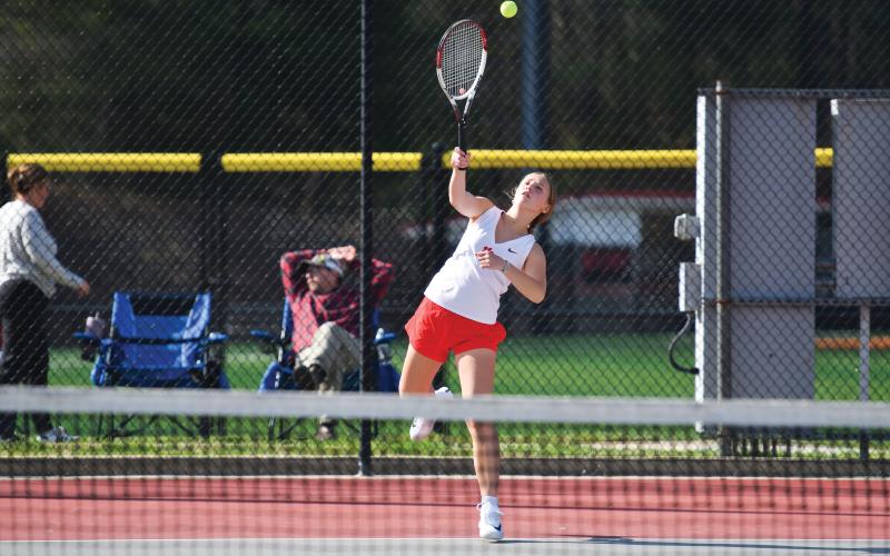 Wade Cheek/The Clayton Tribune. No. 3 Lady Cat singles player Sophie Provance won her match against BASA (6-0,6-0).