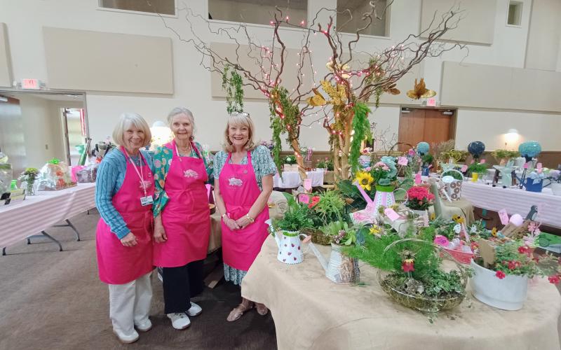 Megan Horn/The Clayton Tribune. Anne Cinquina, Carole Wintle and Karon Fickey volunteer at the market during the Mountain Ivy Garden Club’s second annual Celebrate Spring: A Garden Symposium event.