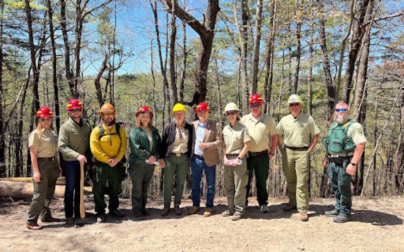 Submitted. U.S. Congressman Andrew Clyde (GA-09) (center) visited Rabun County on April 16 for a briefing on the Big Ridge Fire in the Chattooga River Ranger District from the U.S. Forest Service. Here Clyde stands with members of the U.S. Forest Service in the Big Ridge area.