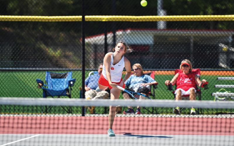 Wade Cheek/The Clayton Tribune. Doubles player Caroline Marshall and her teammate Ruby Richardson won their match against playoff foe Dodge County on April 28.
