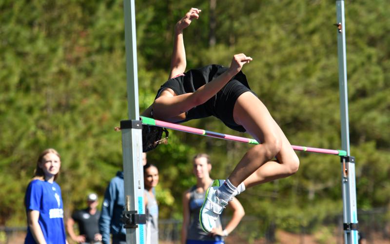 Wade Cheek/The Clayton Tribune. Lad Rabun County track and field senior Arabella Kitchens finished seventh in the high jump at last weekend’s state championship meet in Rome, Ga.