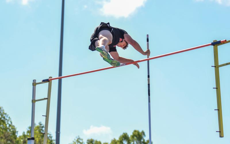 Wade Cheek/The Clayton Tribune. Pole vaulter Sean Flaherty excelled in this year’s state track and field meet, placing fourth in the pole vault with a 12-foot mark.