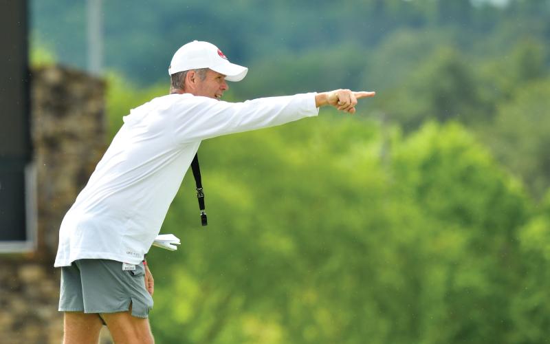 Wade Cheek/The Clayton Tribune. Rabun County football head coach Rance Gillespie gives direction to his players during the Wildcats’ spring practice on Tuesday, May 13. Rabun began spring practice on Monday, May 5.