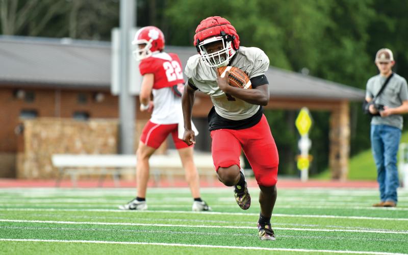 Wade Cheek/The Clayton Tribune.  Rabun County rising junior J.K. Fruster has seen reps at running back this spring, after strictly playing on the defensive side of the ball the last two seasons.