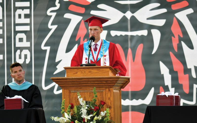 Wade Cheek/The Clayton Tribune. Senior and RCHS Valedictorian G.B. Anderson speaks to his fellow seniors, giving them advice, thanking them and urging them to “be passionate” about their future relationships.