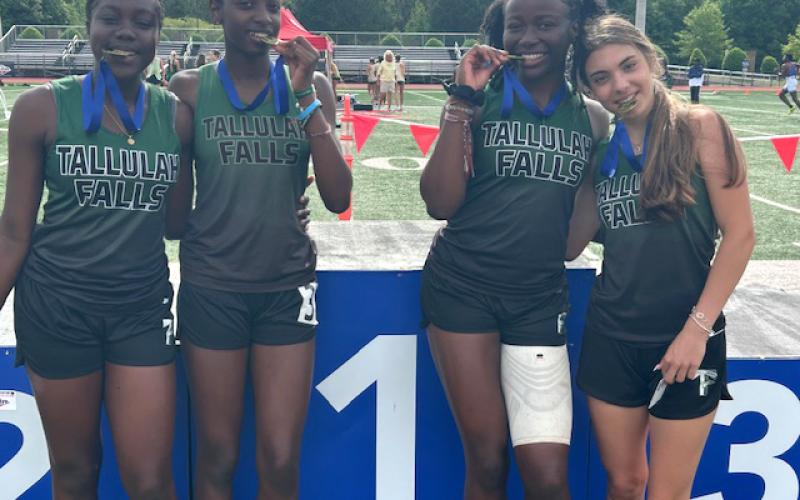 TFS Athletics. The Tallulah Falls girls 4x100-meter relay team of Jace Ibemere, Joanna Miller, Carlota Martinez and Sophia Williams-Angmor claimed a state title with a time of 51:02 in Locust Grove, Ga., last week.