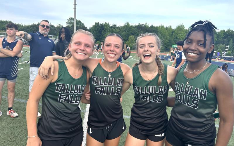 TFS Athletics. The Tallulah Falls girls 4x800 meter relay team of Olivia Henderson, Jazlyn Burke, Linda White and Mary Kate Ball finished third at state, breaking a four-year program record by five seconds (10:24.09).