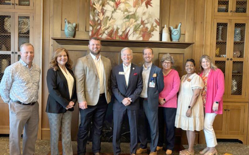 Submitted photo.  State Sen. Bo Hatchett and Rep. Chris Erwin recently spoke on topics addressed during the 2025 session of the General Assembly at the annual Toccoa-Stephens County Post Legislative Coffee at the Currahee Club. Pictured (from left) are Chamber board member Phil Hobbs, chamber chair Lisa Lawson, Hatchett, Erwin, Chamber board member Van Loskoski, Chamber board member Anne Shurley, Chamber vice chair Cassandra Wilkins, and Chamber president Julie Paysen.