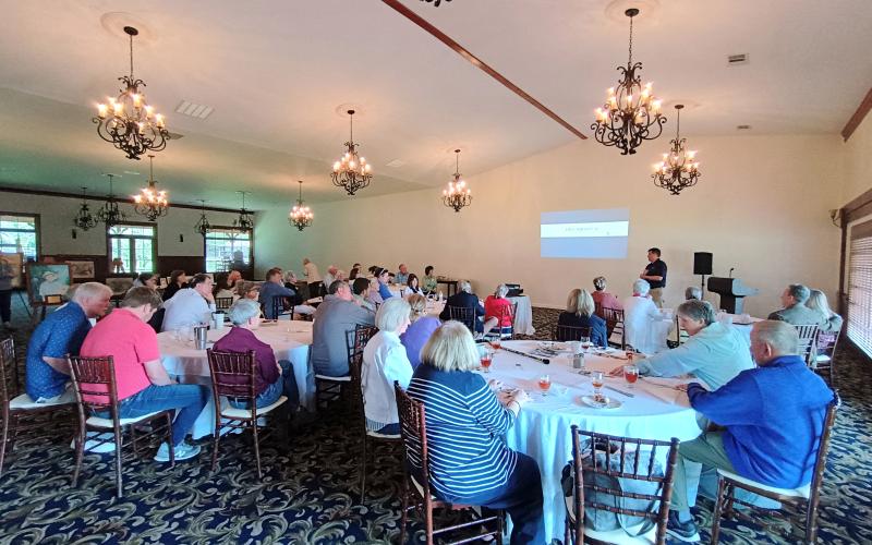 Megan Horn/The Clayton Tribune. John E. Dillard, Legacy Ventures and manager of The Dillard House, talks about the future direction of The Dillard House property at the 2025 Dillard Family Association Reunion on Saturday, April 26.