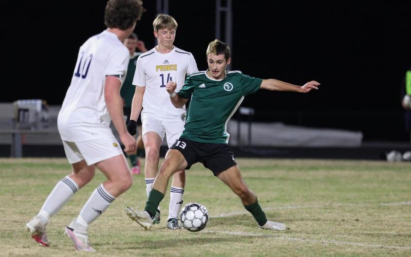 TFS Athletics. Senior Landon Hall fights for possession during a matchup last season against Prince Avenue Christian. The Indian soccer team will play in the Final Four of the GIAA AAAA state tourney on Saturday.