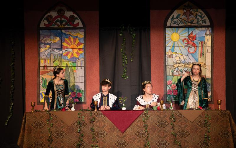 Photos courtesy TFS. Members of the royal court, Cadence Beecher, Kaden Purcell, Julianna Nail and Baylin Cumberland discuss their royal entertainment in TFS spring Madrigal.