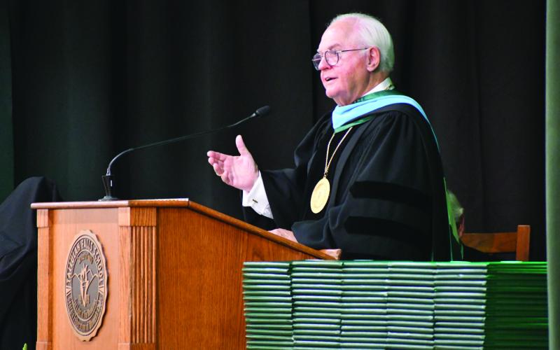 Enoch Autry/The Clayton Tribune. Dr. Larry Peevy, president and head of school, addresses the Tallulah Falls School Class of 2025 during the graduation ceremony on May 22 in the Student Activity Center.