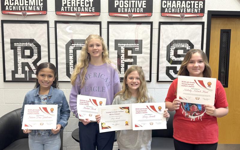 Photo courtesy Rabun County Schools. Young Georgia Author winners at Rabun County Elementary School include fourth grader Naiara Diaz Zambrano for “One Day,” (left); sixth grader Kirstan Shook for “Invasion of L’ecole;” third grader and Pioneer RESA District winner Lucy Arnett for “The Life of a Pencil;” and fifth grader Melody Mitsch-Hunt for “Lost in a Dream.”