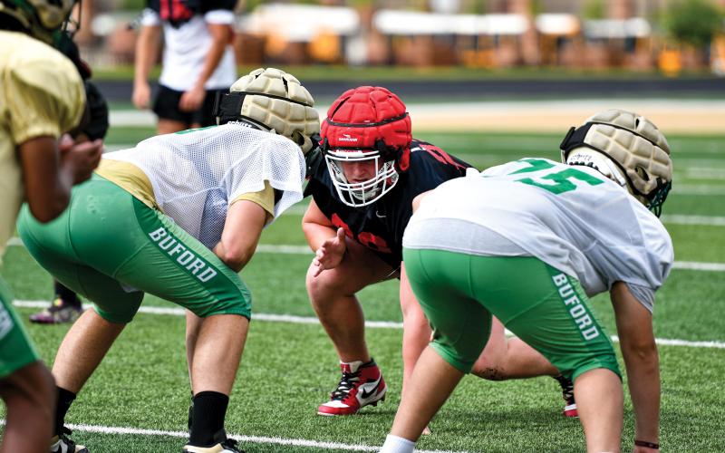 Wade Cheek/The Clayton Tribune. Rabun County senior defensive lineman Ethan Hopper lines up against Buford during the summer padded camp. Hopper will be one of the Wildcats’ top returning defenders as the regular season begins in August.