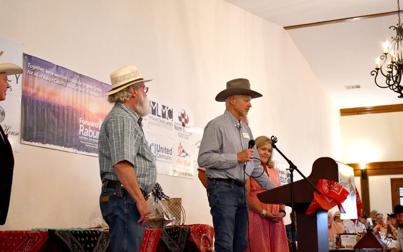 Megan Horn/The Clayton Tribune. Reeves was the winner of the Best Family Owned Business Award during the Forward Rabun/Rabun County Chamber of Commerce “2025 Awards Hoedown” held at The Dillard House on May 31. Pictured are Joe Luke, left; Vaughn Rogers and Sonya Shook with Reeves.