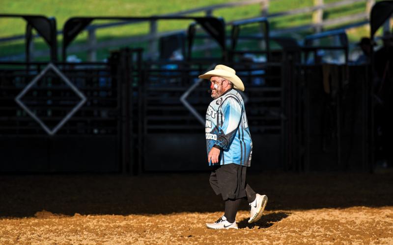 Wade Cheek/The Clayton Tribune. Josh “Porkchop” Garrick worked as a clown during the July 5 rodeo in Tiger at the Rabun Arena when Bar W Rodeo Company came to town.