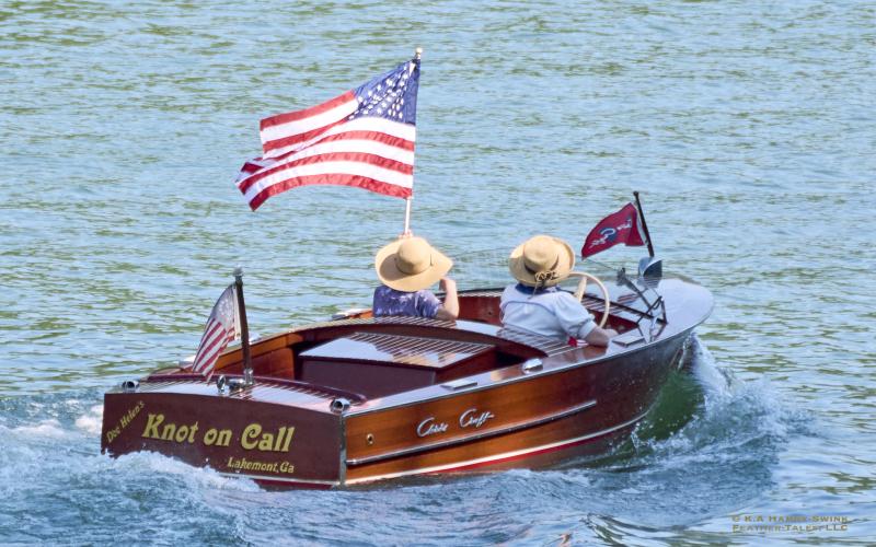 Photo courtesy K.A. Hamdy-Swink. This 1950 Chris Craft Runabout ‘17 is “Knot on Call” while participating in Lake Rabun’s annual Wooden Boat Parade on July 6. It is owned by Dr. Helen McSwain.
