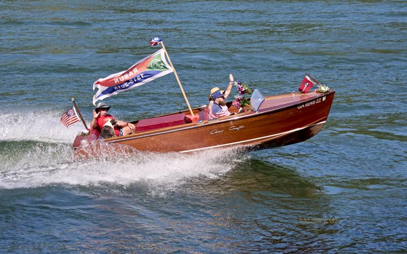 Photo courtesy K.A. Hamdy-Swink. The “Clara Bell,” a 1955 Chris Craft Runabout 16-foot boat owned by Clara Harrington was seen on Lake Rabun during Independence Day weekend this year.