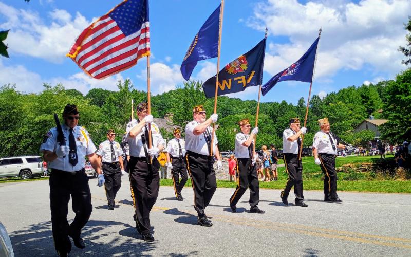 Megan Horn/The Clayton Tribune. VFW Post 4570 marches in the Sky Valley Grand Parade on Saturday, July 5, during Independence Day festivities.