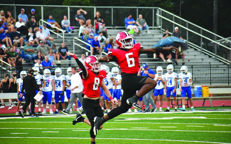 Enoch Autry/The Clayton Tribune. Rabun County junior JK Fruster (6) and sophomore Colter Cannon celebrate the Wildcats recovering a Fannin County fumble deep in Rebel territory in RCHS’s 35-0 shutout at Frank Snyder Memorial Stadium.