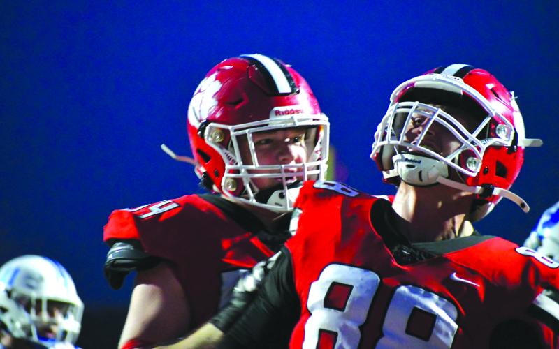 Enoch Autry/The Clayton Tribune. Rabun County junior defensive end Ryan Yearwood and sophomore defensive back Keaton Hunter celebrates after the Wildcats make another big stop of the Fannin County Rebels in the RCHS 35-0 win at home on Aug. 22.