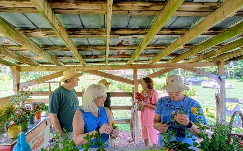 Megan Horn/The Clayton Tribune. Serrell Stoke, left; John Stoke, Robert Waller and Collin Lines work on arranging the Zinnias they freshly cut at Zinnia Happiness Farms. Lines owns the farm with husband Tommy and 100 percent of proceeds benefit breast cancer research.