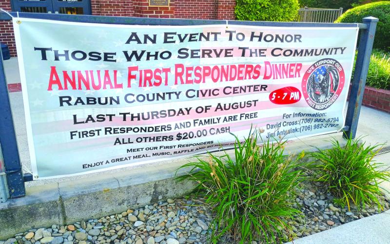 Megan Horn/The Clayton Tribune. The community is invited to the third annual Rabun County First Responders’ Appreciation Dinner on Thursday, Aug. 28. Attending the event is a great way to show support to our community’s first responders for their service and sacrifice. First responders and their family members are free. All other guests pay $20 cash at the door the day of the event.