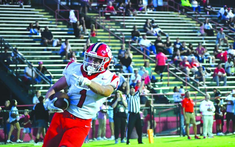 Wesley Branch/The Clayton Tribune. Rabun County senior running back Lake Evans reacts after a touchdown run versus Dalton on Sept. 5. Evans, who finished the game with 84 rushing yards and two touchdowns, would help his Wildcats secure a 49-42 road win by intercepting a Catamount pass in the final moments of the see-saw battle.