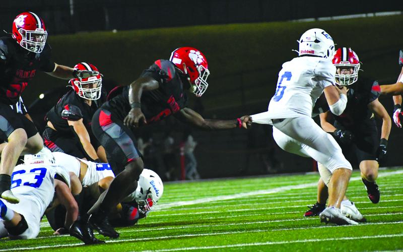Enoch Autry/The Clayton Tribune. Junior Wildcat JK Fruster holds onto the shirttail of Banks County senior quarterback Lane Morris.