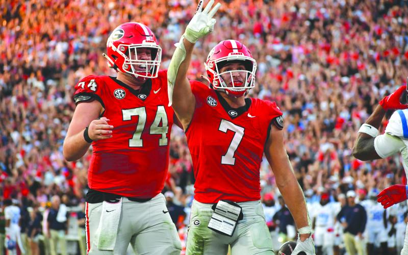 Wesley Branch/The Clayton Tribune. Georgia tight end Lawson Luckie celebrates in the end zone after his third touchdown catch of the game in Georgia’s 43-35 win over Ole Miss on Oct. 18. Luckie was the first Bulldog since Mohamed Massaquoi in 2008 versus Georgia Tech to have three receiving touchdowns in a game.