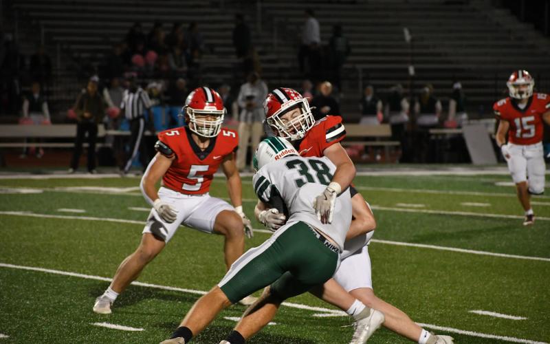 Wesley Branch/The Clayton Tribune. Rabun County defensive lineman Mack Williams tackles Tucker Rhodes in the Wildcats’ game against the Spartans. Williams finished the game with three total tackles and a sack.