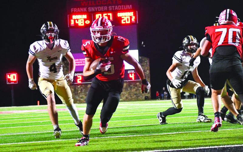 Enoch Autry/The Clayton Tribune. Reid Giles goes into the end zone for his sixth touchdown of the night against Commerce on Oct. 3 as the senior had five TDs rushing and another on a punt return. He finished with 243 yards rushing.