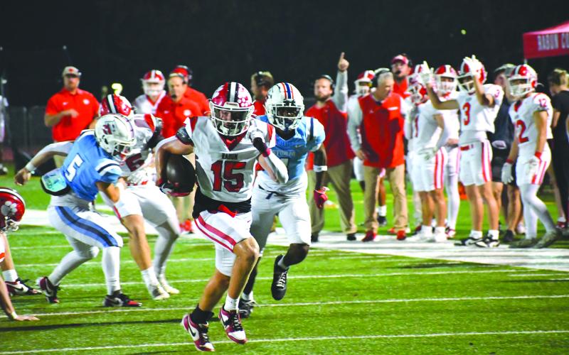 Wesley Branch/The Clayton Tribune. Reid Giles runs down the field in Rabun County’s 62-21 win over Providence Christian Academy on Sept. 26. Giles led the Wildcats in rushing with 135 yards and a touchdown on nine carries.