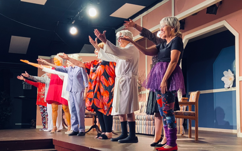 Submitted Photo. Dueling Elvises — David Spivey and Charles Lipthrott -- act out a scene. Behind them is Sara Jones, “director” of the senior living facility.