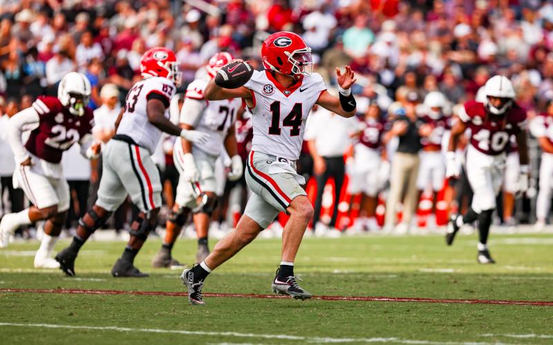 Tony Walsh/UGAAA. Current Georgia and former Rabun County quarterback Gunner Stockton throws downfield in Georgia’s 41-21 win over Mississippi State on Nov. 8. UGA will host No. 10 Texas in another SEC showdown Saturday.