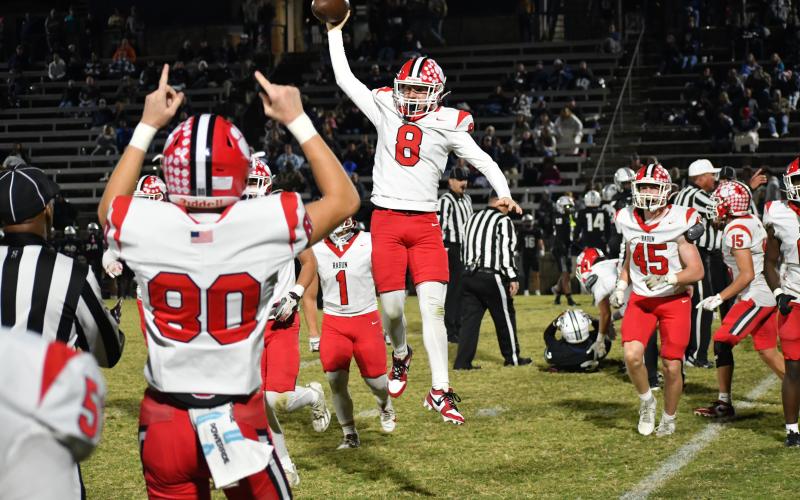Wesley Branch/The Clayton Tribune. Rabun County sophomore Colter Cannon celebrates a fumble recovery in the Wildcats’ 31-23 win over the Blue Devils at Elbert County. Cannon also had an interception in the game. RCHS concluded its regular season at 8-2 and now will host Dodge County on Nov. 14 in the first round of the state playoffs.